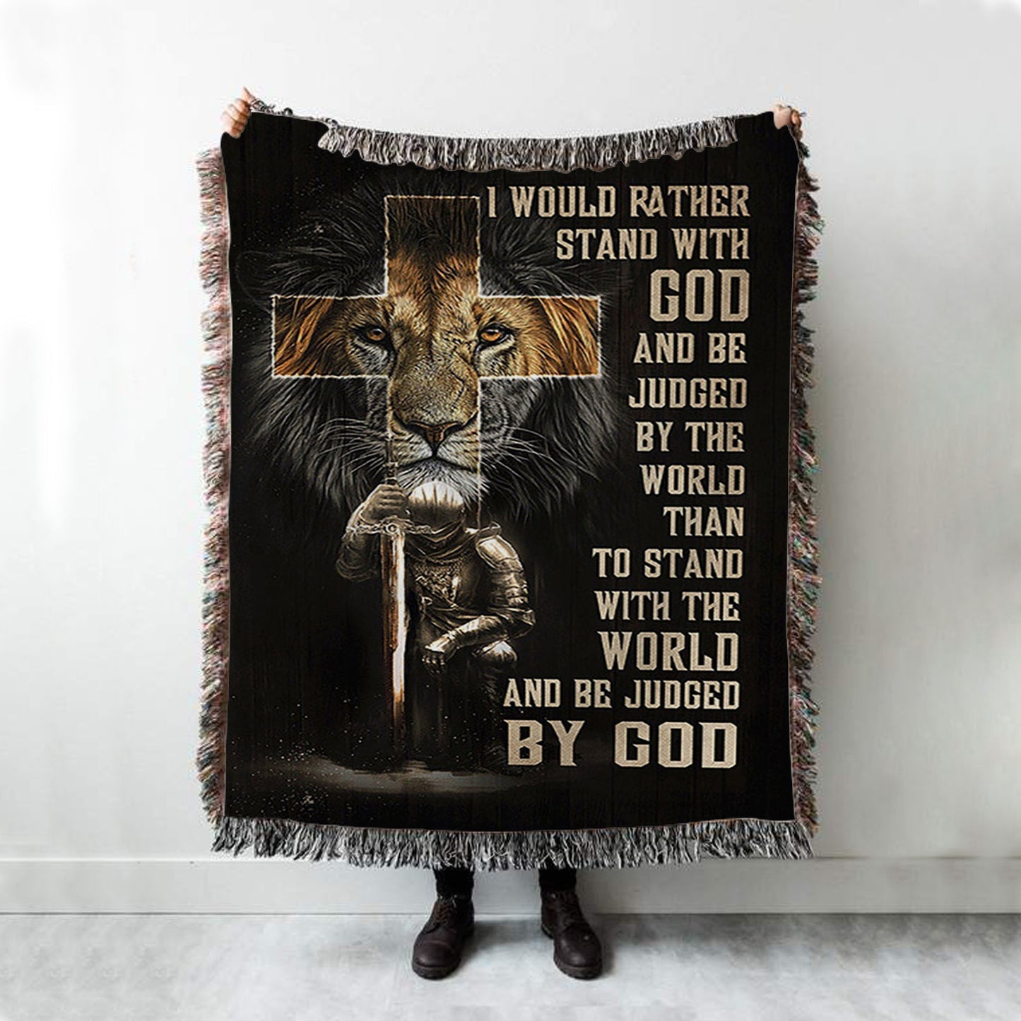 I Would Rather Stand With God Woven Blanket - Lion Of Judah Cross Warrior Blanket - Bible Verse Throw Blanket - Christian Inspirational Boho Blanket