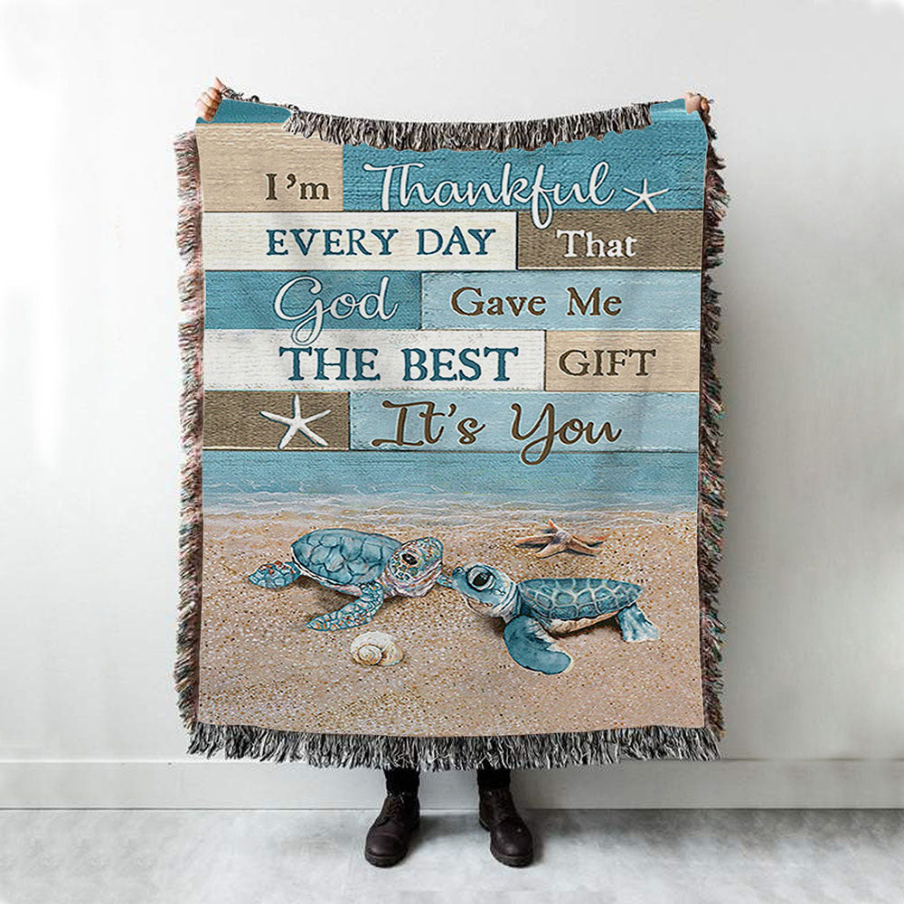 I&#39;m Thankful Every Day Blue Sea Turtle Woven Blanket Art - Bible Verse Throw Blanket - Christian Inspirational Boho Blanket