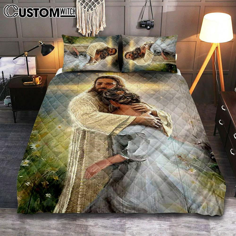 In The Arms Of God Quilt Bedding Set - Jesus Hug Daisy Field Quilt Bedding Set Art - Bible Verse Bedroom