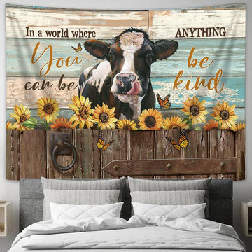 In A World Where You Can Be Anything Cow Sunflower Butterfly Large Tapestry Art - Christian Wall Decor - Religious Wall Decor