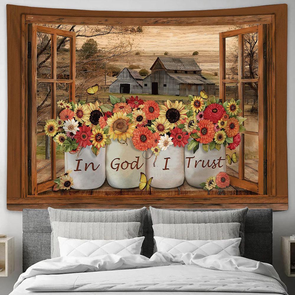 In God I Trust Barn On Farm Types Of Flowers Tapestry Wall Art - Bible Verse Tapestry - Religious Tapestry Wall Hanging