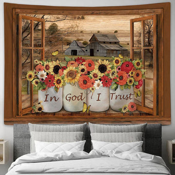 In God I Trust Barn On Farm Types Of Flowers Tapestry Wall Art - Bible Verse Tapestry - Religious Tapestry Wall Hanging