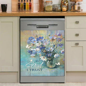 In God I Trust Blue Delicate Flower Dishwasher Cover, Christian Dishwasher Stickers, Religious Kitchen Decor