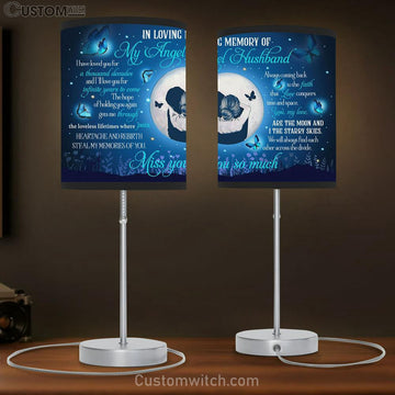 In Loving Memory Of My Angel Husband Blue Butterfly Moon Flower Hug Large Table Lamp - Christian Table Lamp Prints - Religious Table Lamp Art