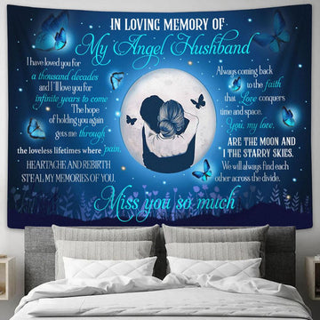 In Loving Memory Of My Angel Husband Blue Butterfly Moon Flower Hug Large Tapestry - Christian Tapestry Prints - Religious Tapestry Art
