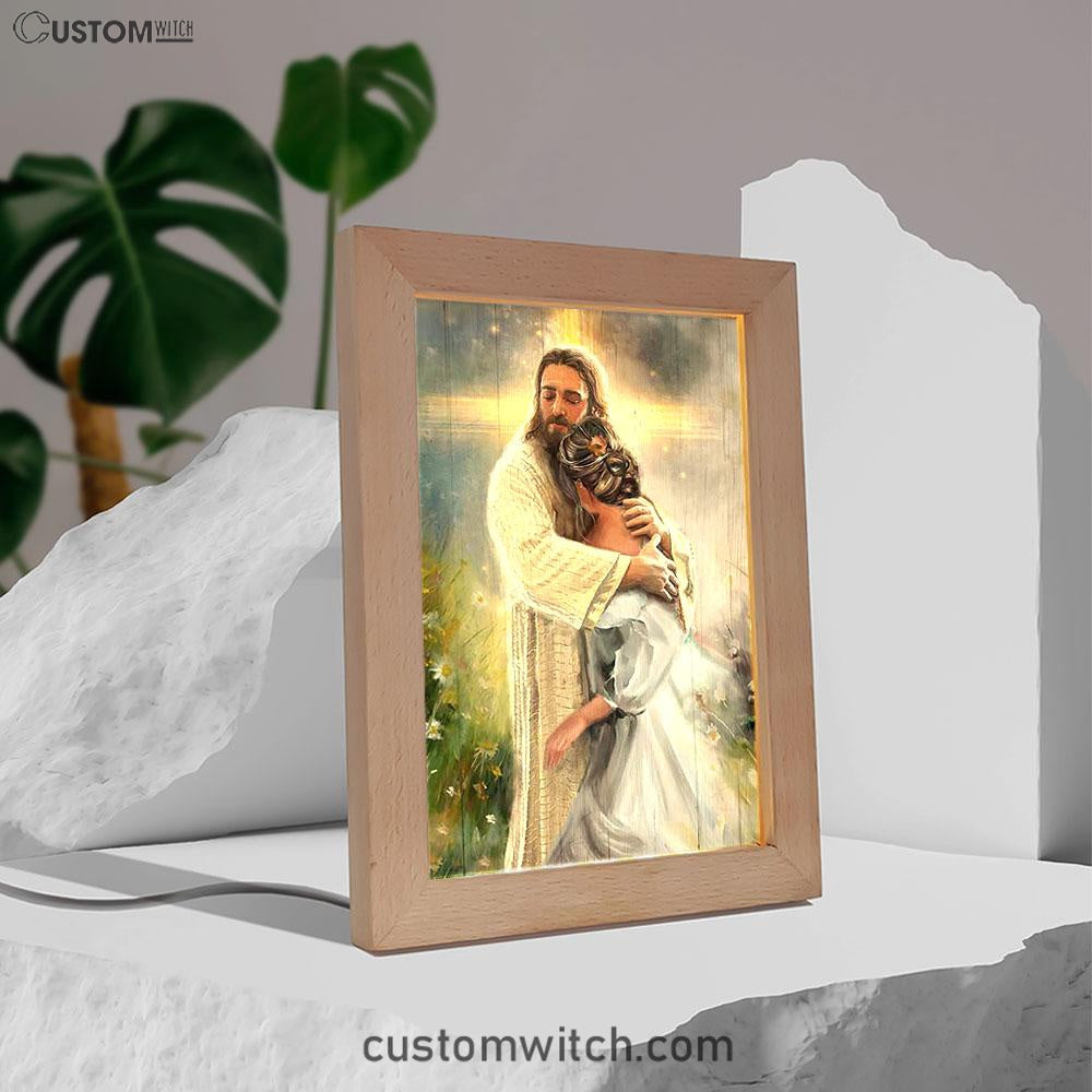 In The Arms Of God Frame Lamp - Jesus Hug Daisy Field Frame Lamp Art - Bible Verse Art - Christian Inspirational Decor