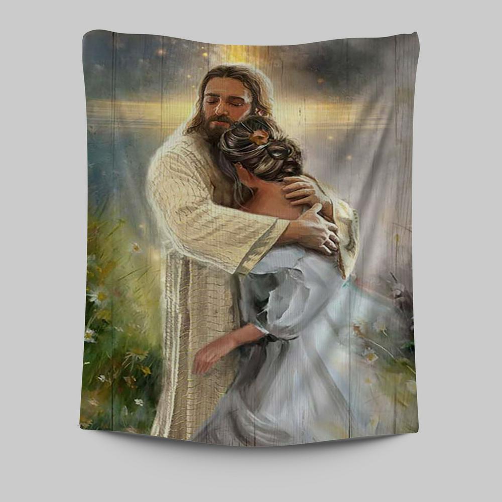 In The Arms Of God Tapestry - Jesus Hug Daisy Field Tapestry Art - Bible Verse Wall Art - Christian Inspirational Wall Decor