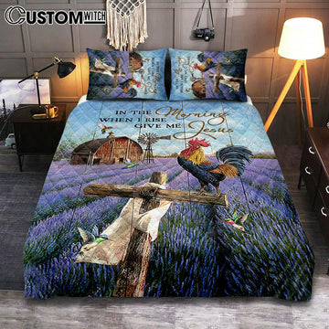 In The Morning When I Rise Give Me Jesus Rooster Lavender Field Cross Quilt Bedding Set - Christian Bedroom - Religious Home Decor