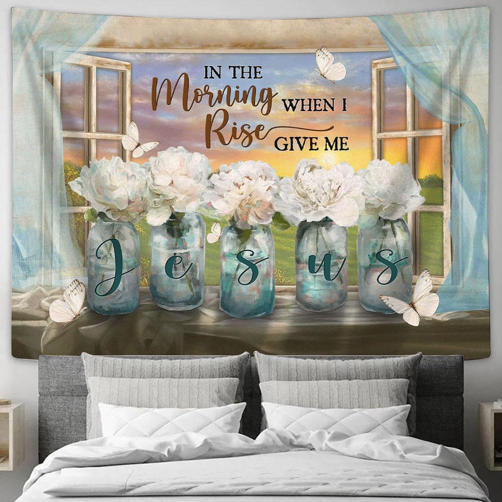 In The Morning When I Rise White Flower Orange Sunset Butterfly Tapestry Art - Bible Verse Wall Art - Wall Decor Christian