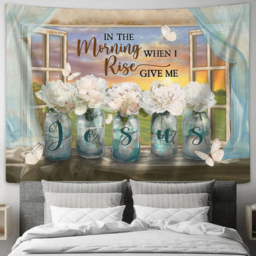 In The Morning When I Rise White Flower Orange Sunset Butterfly Tapestry Art - Bible Verse Wall Art - Wall Decor Christian