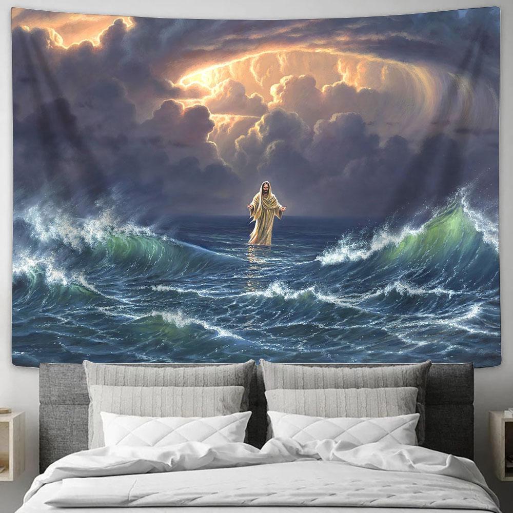 In The Storm Jesus Walked On The Water Tapestry Wall Art - Jesus Christ Tapestry - Christian Tapestry Prints