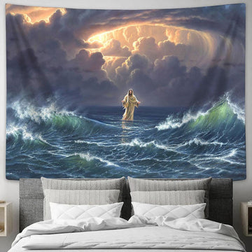 In The Storm Jesus Walked On The Water Tapestry Wall Art - Jesus Christ Tapestry - Christian Tapestry Prints