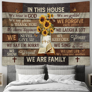 In This House We Trust In God Sunflower Vase Tapestry Art - Bible Verse Wall Art - Wall Decor Christian