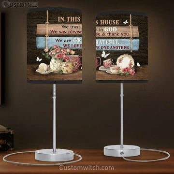 In This House We Trust In God Tea Cup White Butterfly Table Lamp Art - Bible Verse Lamp Gift - Christian Bedroom Decor