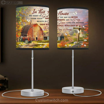 In This House We Trust In God Wooden Cross Rustic Farmhouse Table Lamp Gift - Bible Verse Table Lamp - Religious Bedroom Decor