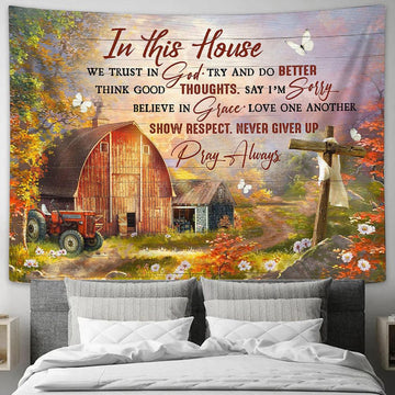 In This House We Trust In God Wooden Cross Rustic Farmhouse Tapestry Wall Art - Bible Verse Tapestry - Religious Tapestry Wall Hanging