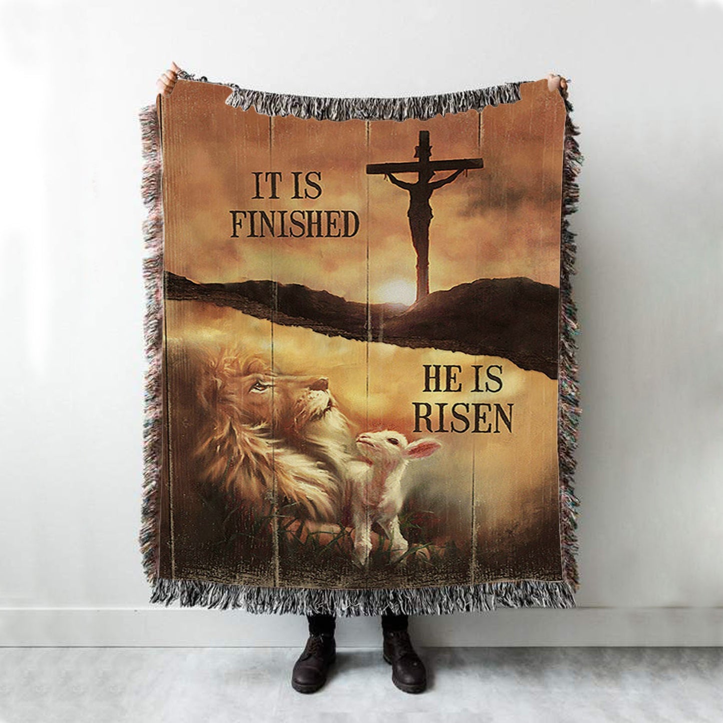 It Is Finish He Is Risen Woven Throw Blanket - Lion And Lamb Of God Cross Woven Blanket Art - Christian Inspirational Boho Blanket