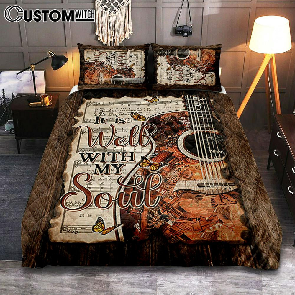 It Is Well With My Soul Guitar Monarch Butterfly Music Sheet Quilt Bedding Set Bedroom - Christian Quilt Bedding Set Prints - Bible Verse Quilt Bedding Set Art
