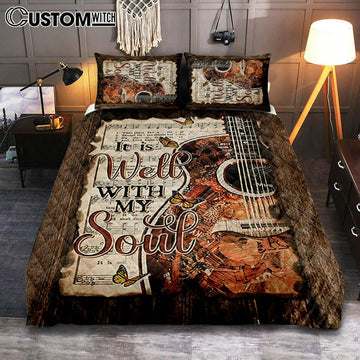 It Is Well With My Soul Guitar Monarch Butterfly Music Sheet Quilt Bedding Set Bedroom - Christian Quilt Bedding Set Prints - Bible Verse Quilt Bedding Set Art