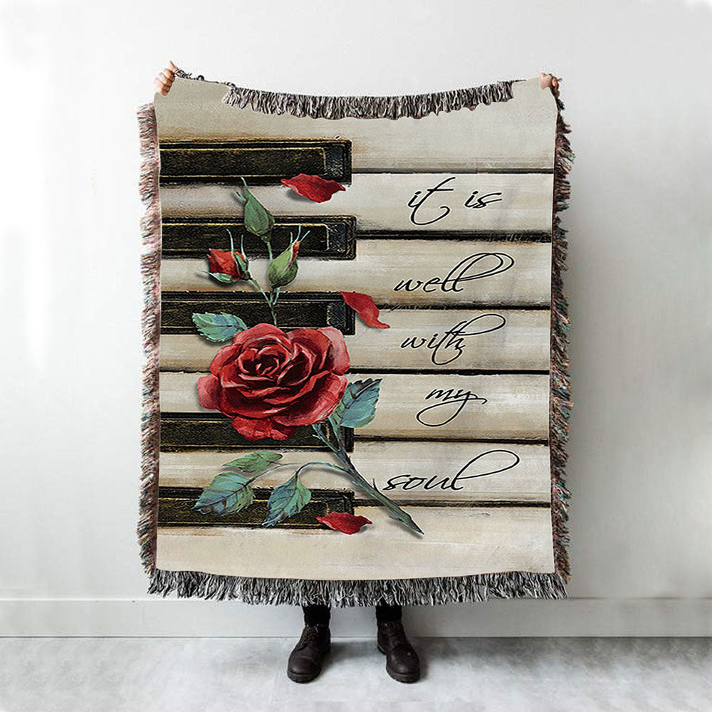 It Is Well With My Soul Red Rose Piano Woven Blanket Art - Bible Verse Throw Blanket - Christian Inspirational Boho Blanket