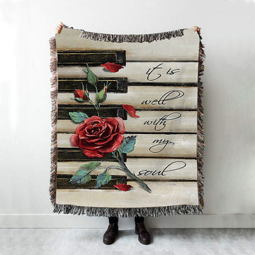 It Is Well With My Soul Red Rose Piano Woven Blanket Art - Bible Verse Throw Blanket - Christian Inspirational Boho Blanket