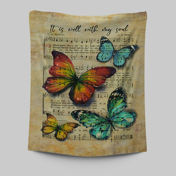 It Is Well With My Soul Tapestry - Brilliant Butterfly Antique Music Sheet Tapestry Art - Bible Verse Wall Art - Christian Inspirational Wall Decor