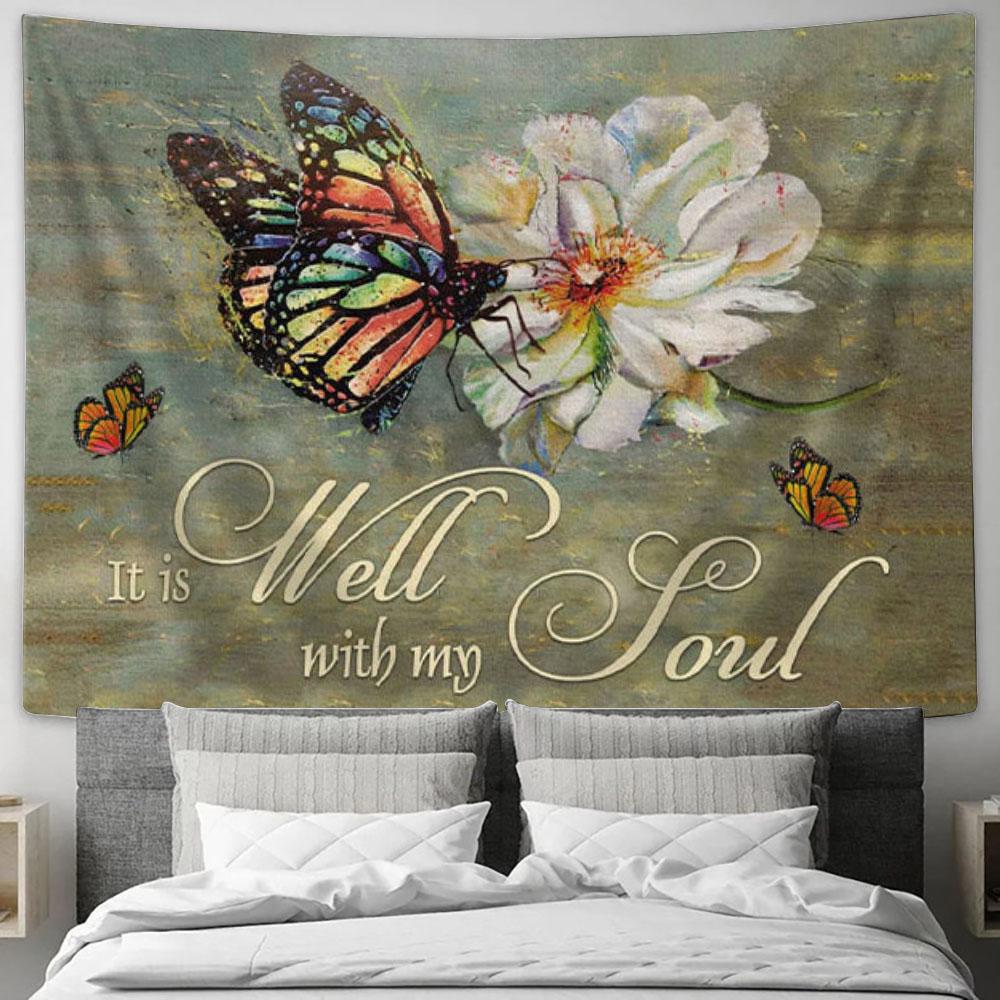 It Is Well With My Soul Tapestry Wall Art - Butterfly Flowers Christian Tapestry Wall Art - Christian Wall Decor
