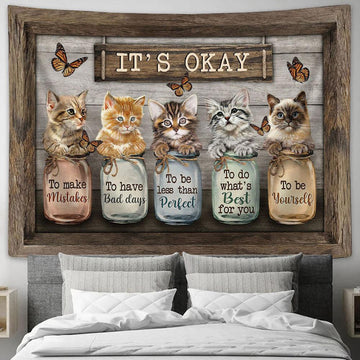 It&#39;s Okay To Make Mistakes Lovely Cat Butterfly Bottle Tapestry Painting - Christian Wall Art - Gifts For Cat Lovers