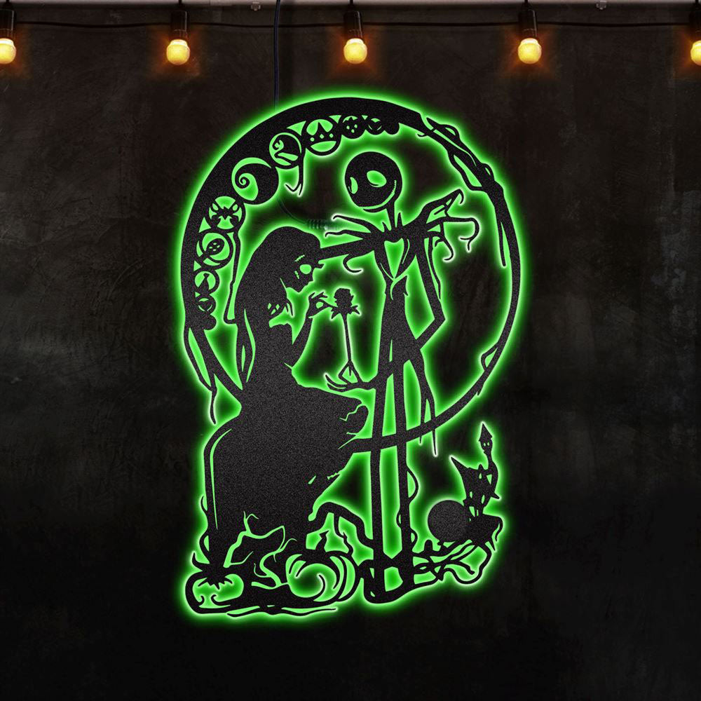 Jack and Sally Nightmare Before Christmas Afcultures RGB Led Lights Metal Wall Art, Christmas Home Decor Sign, Christmas Outdoor Metal Sign