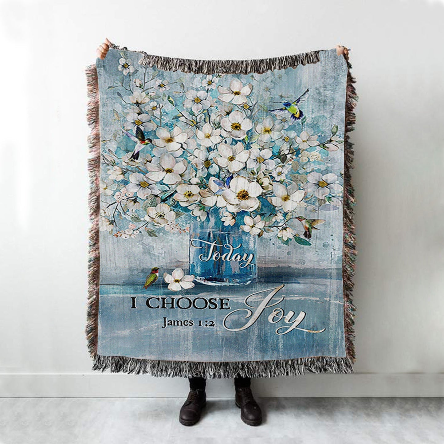 Jasmine Flower Blue Vase Hummingbird Today I Choose Joy Woven Blanket Woven Throw Blanket - Christian Woven Blanket Prints - Bible Verse Boho Blanket