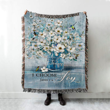 Jasmine Flower Blue Vase Hummingbird Today I Choose Joy Woven Blanket Woven Throw Blanket - Christian Woven Blanket Prints - Bible Verse Boho Blanket