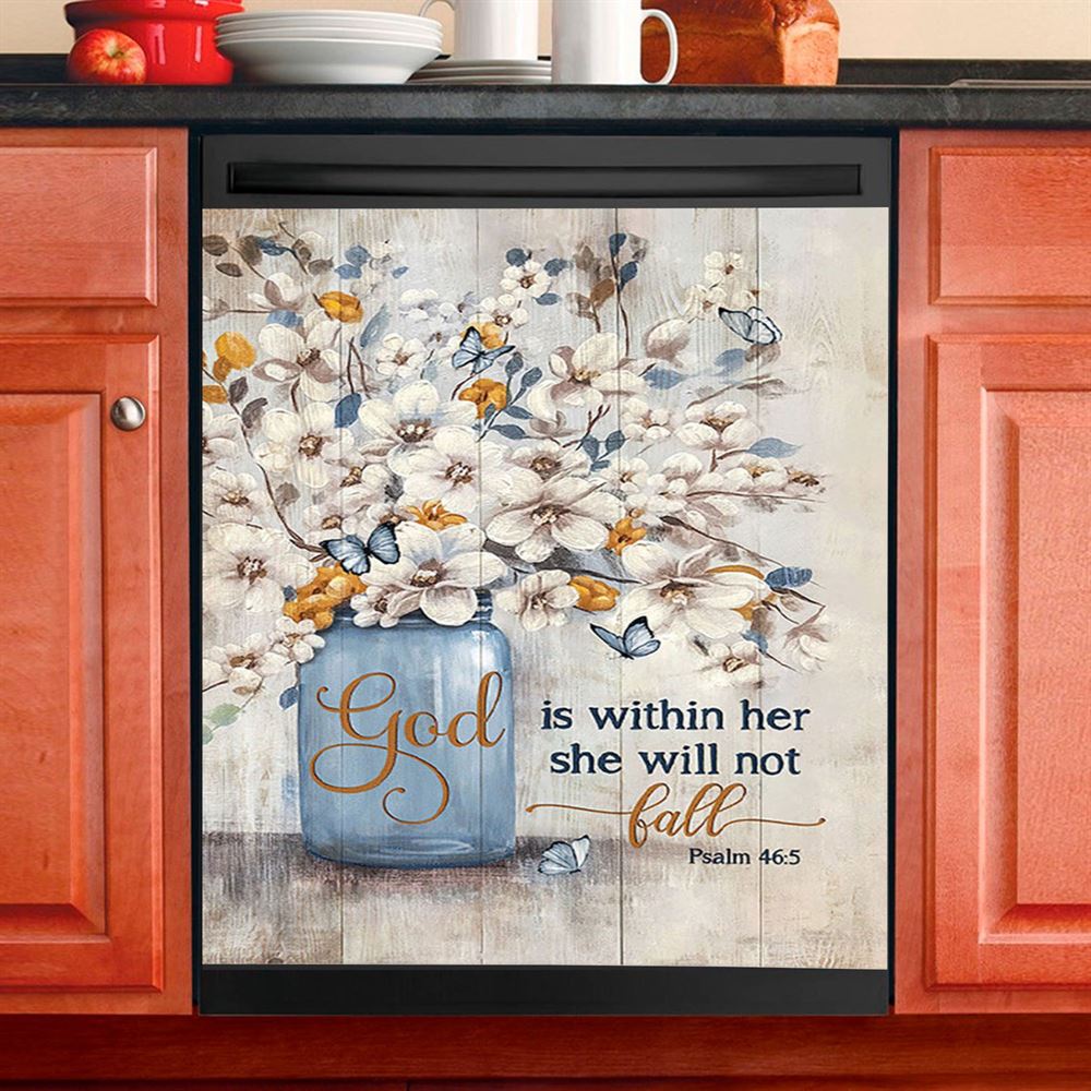 Jasmine Flower God Is Within Her Dishwasher Cover, Bible Verse Dishwasher Stickers, Christian Inspirational Kitchen Decor