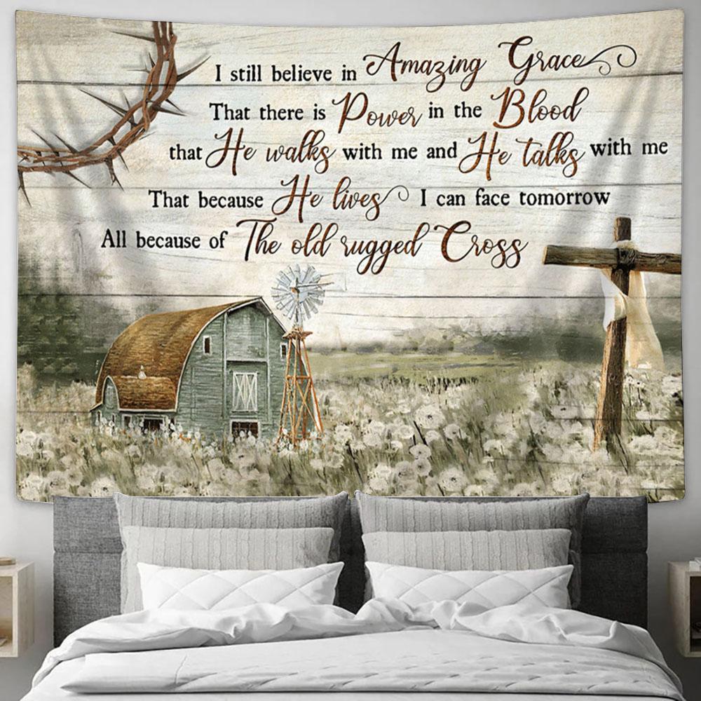 Jesus Amazing Grace Cross Barn Large Tapestry - Christian Tapestry Prints - Religious Tapestry Art