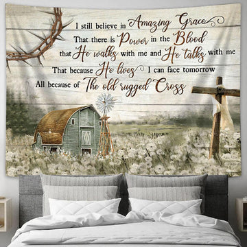 Jesus Amazing Grace Cross Barn Large Tapestry - Christian Tapestry Prints - Religious Tapestry Art