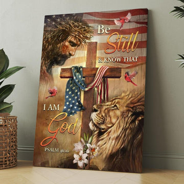 Jesus, Amazing Lion, Wooden Cross, American Flag, Be Still And Know That I Am God Canvas, Christmas Gift for Christian