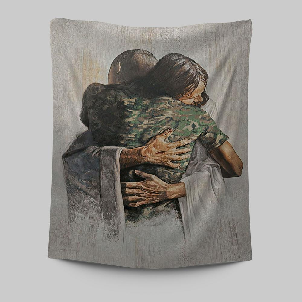 Jesus And American Soldiers Tapestry Wall Art - Jesus Tapestry Pictures - Christian Tapestries Wall Art