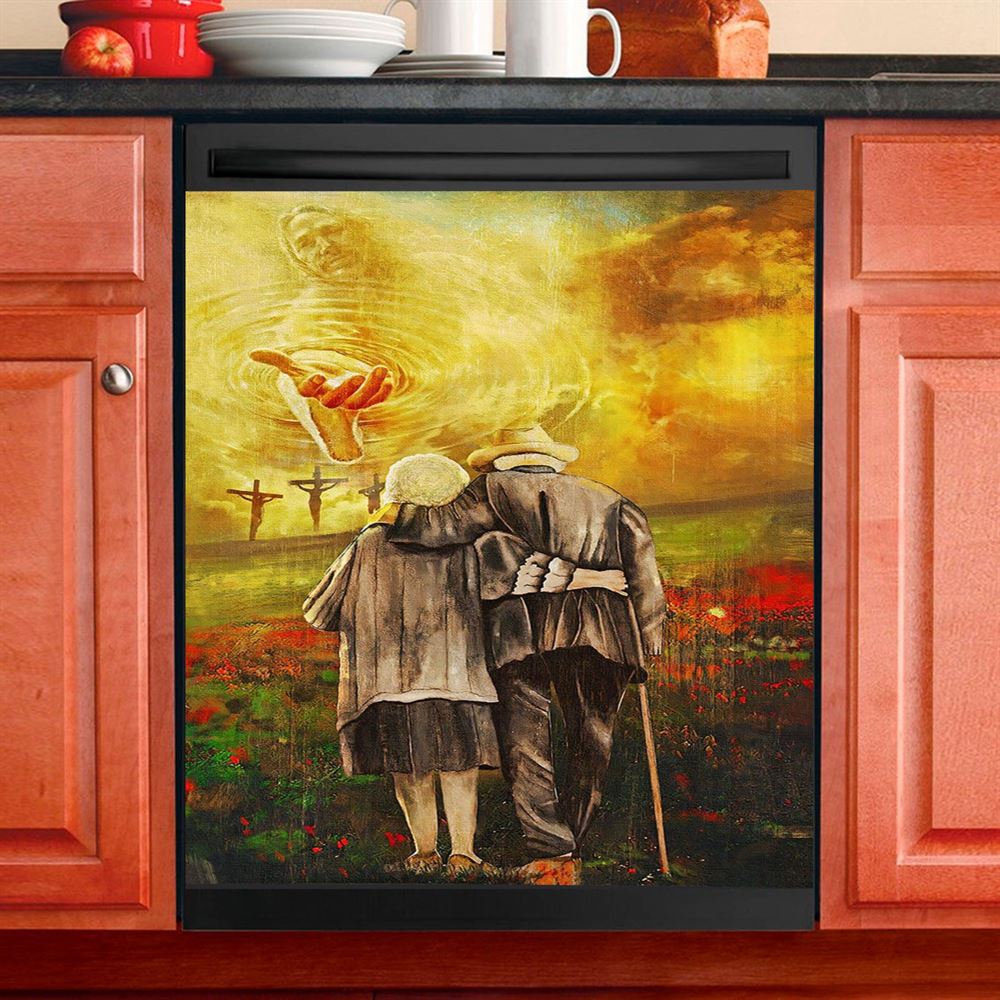 Jesus And An Old Couple Dishwasher Cover, Jesus Dishwasher Stickers, Christian Kitchen Decor