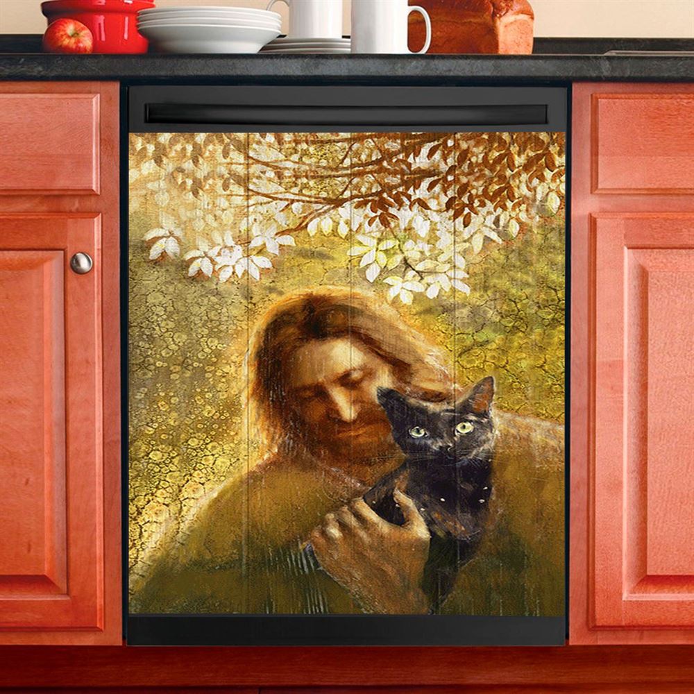 Jesus And Black Cat Dishwasher Cover, Bible Verse Dishwasher Stickers, Inspirational Kitchen Decor