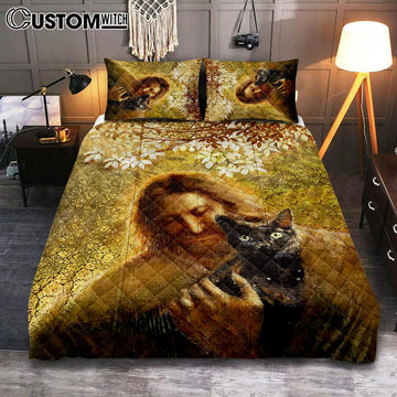 Jesus And Black Cat Quilt Bedding Set Bedroom - Bible Verse Quilt Bedding Set Art - Christian Home Decor
