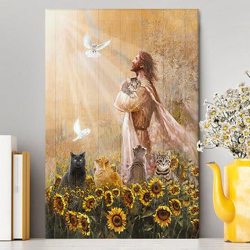 Jesus And Cat Sunflower Garden Canvas Art - Christian Wall Art Decor - Gift For Cat Lover
