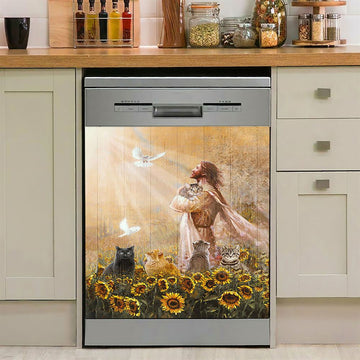 Jesus And Cat Sunflower Garden Dishwasher Cover, Christian Dishwasher Stickers, Gift For Cat Lover