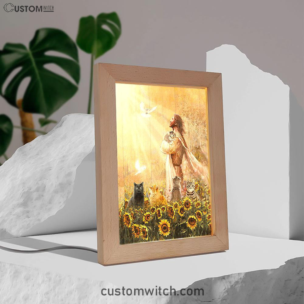 Jesus And Cat Sunflower Garden Frame Lamp Art - Christian Art Decor - Gift For Cat Lover