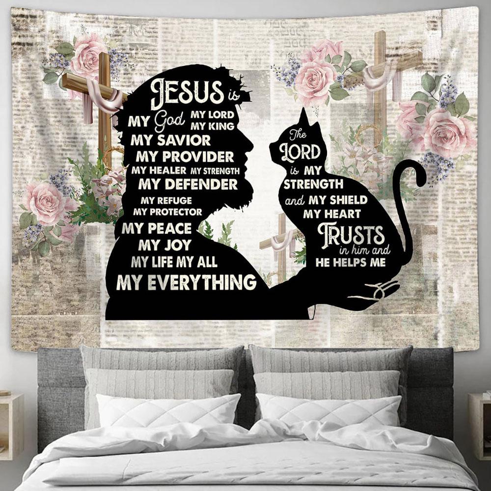 Jesus And Cat Tapestry Wall Art - Jesus Christ Tapestry - Christian Tapestry Prints
