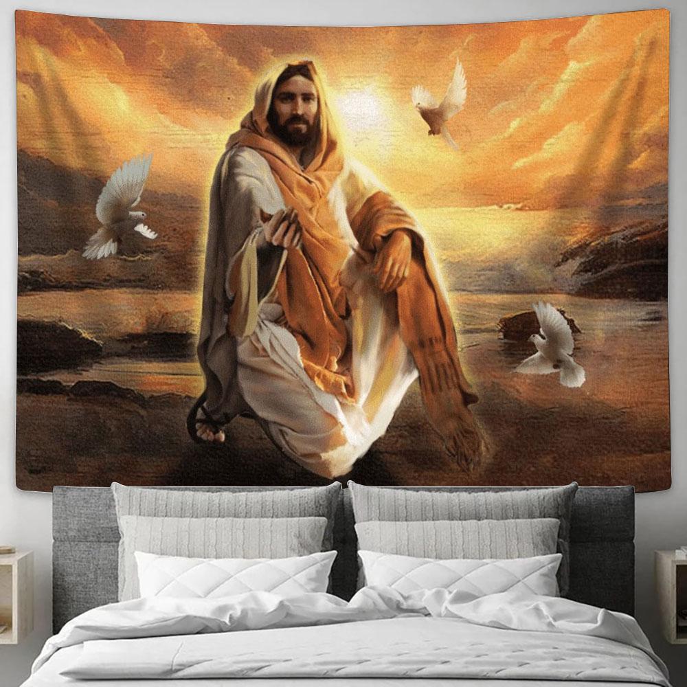 Jesus And Dove Give Me Your Hand Tapestry, Tapestries for Living Room Bedroom