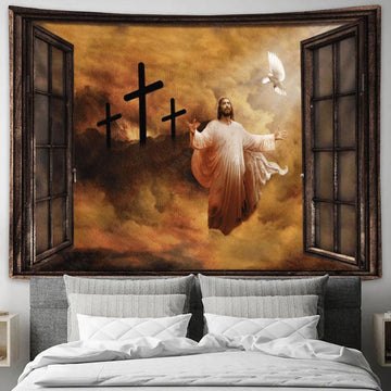 Jesus And Dove The Rugged Cross Heaven&#39;s Lights Tapestry, Tapestries for Living Room Bedroom