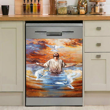 Jesus And Doves Baptism Dishwasher Cover, Bible Verse Dishwasher Stickers, Inspirational Kitchen Decor