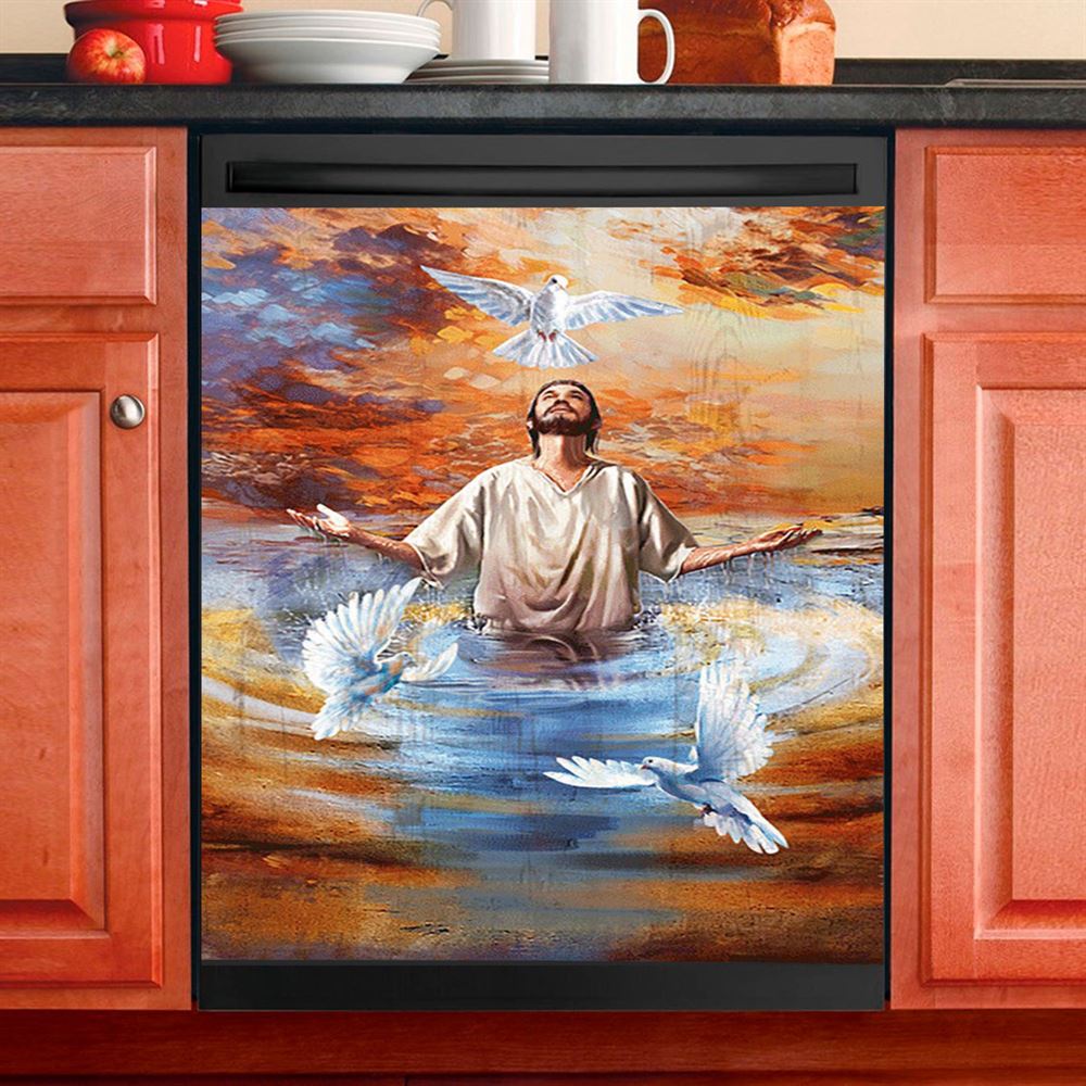 Jesus And Doves Baptism Dishwasher Cover, Bible Verse Dishwasher Stickers, Inspirational Kitchen Decor