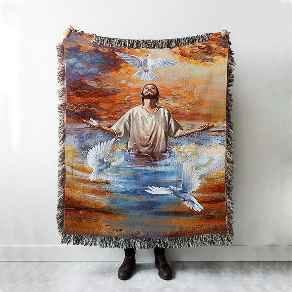 Jesus And Doves Baptism Woven Throw Blanket - Bible Verse Woven Blanket Art - Inspirational Art - Christian Home Decor