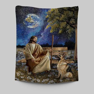 Jesus And German Shepherd Dog Daisy Field Wall Art Tapestry - Jesus Portrait Tapestry Prints - Christian Wall Art