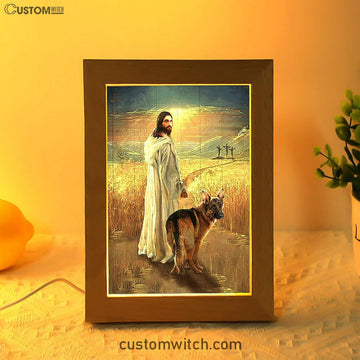 Jesus And German Shepherd Dog Walking Rice Field Frame Lamp Decor - Christian Art - Gift For Dog Lover